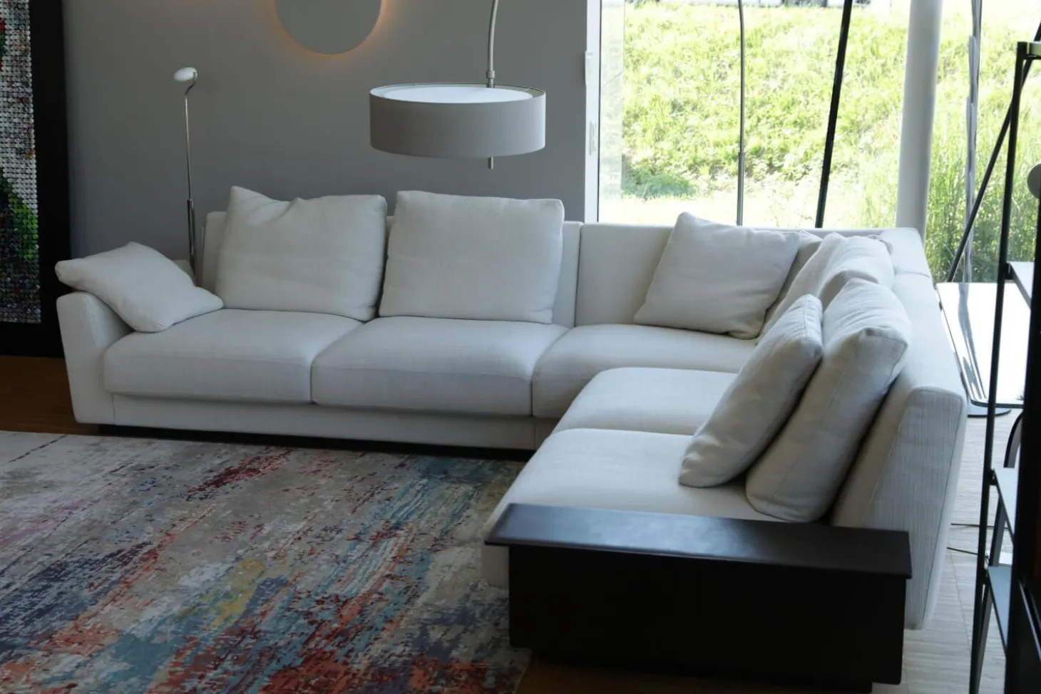 Ecksofa Grand Suite Stoff Tonga 7615 Off White Weiß Abschlusselement Leder Saddle Coffee