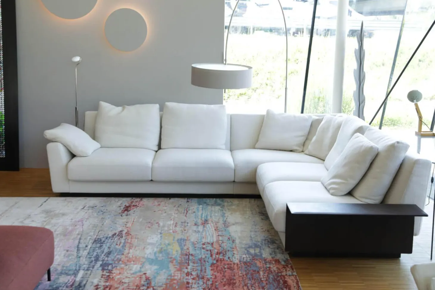 Ecksofa Grand Suite Stoff Tonga 7615 Off White Weiß Abschlusselement Leder Saddle Coffee