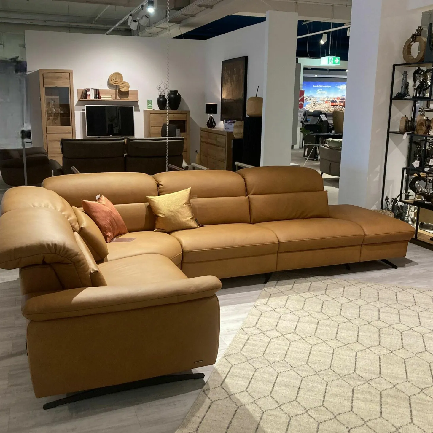 Ecksofa Haar Leder Soft-N Bright Orange Gelb Gestell Kufen Metall Anthrazit