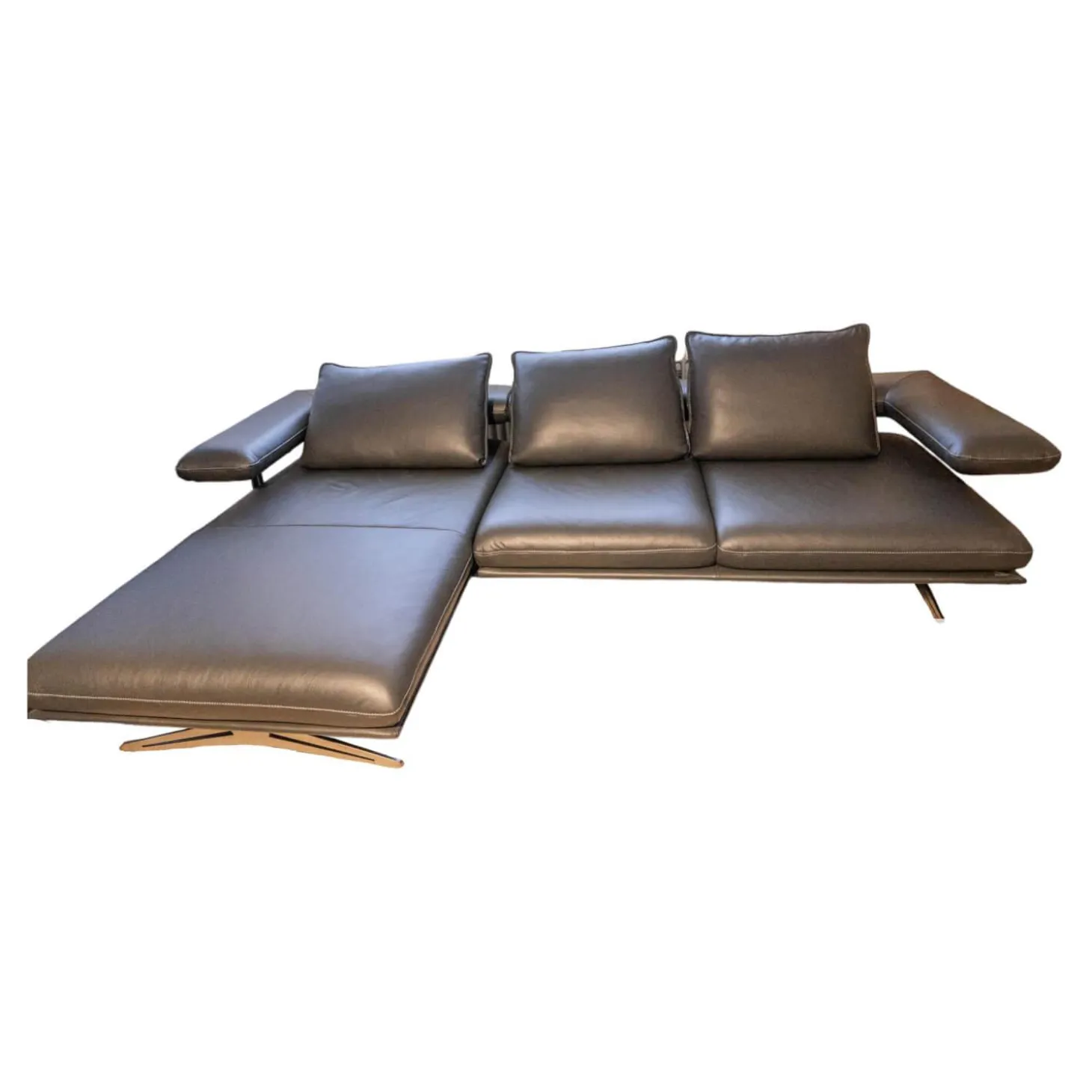 Ecksofa Hoover Bezug Leder C Classic Pepper Schwarz Metallkufe Nickel Satiniert Faden 0321 Hellgrau