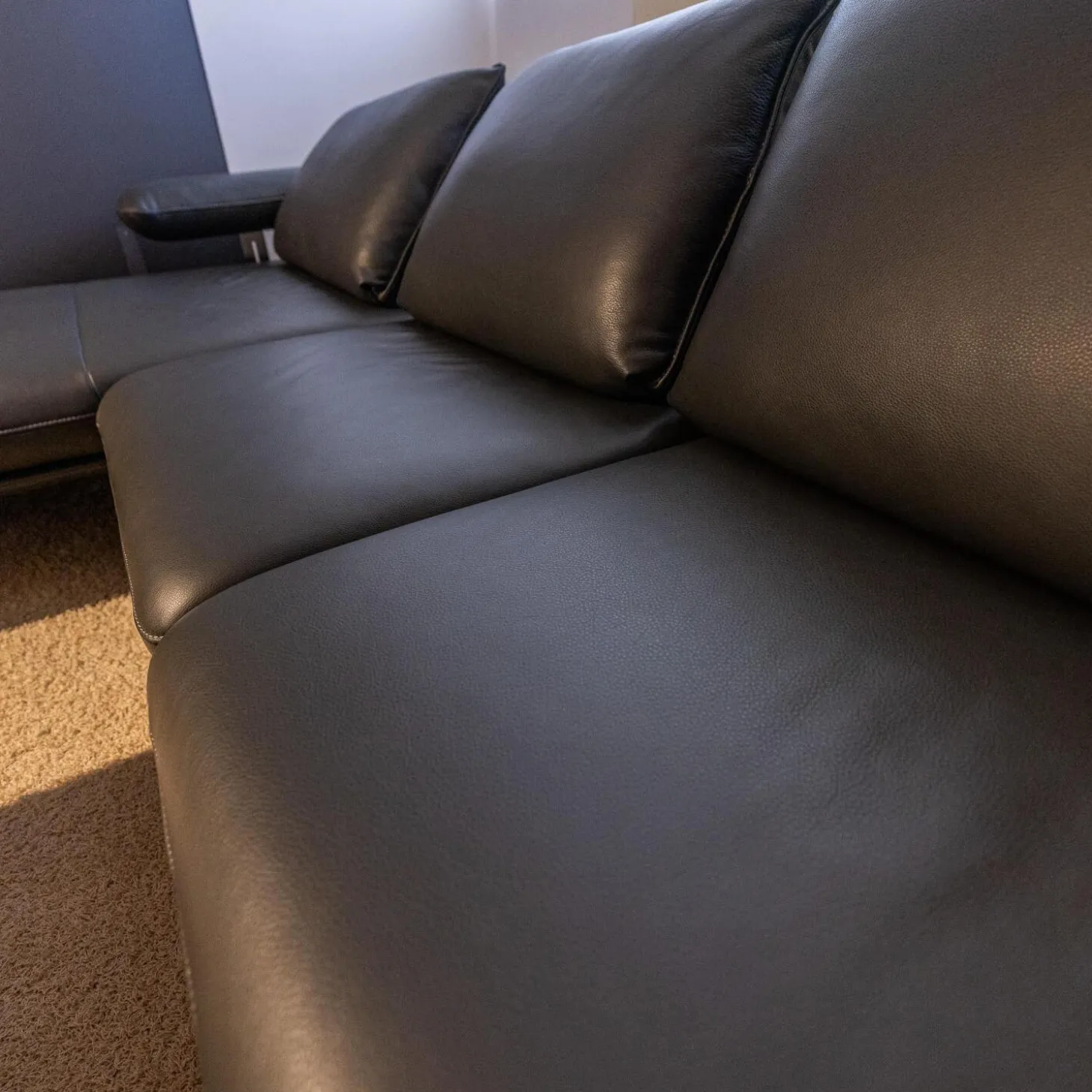 Ecksofa Hoover Bezug Leder C Classic Pepper Schwarz Metallkufe Nickel Satiniert Faden 0321 Hellgrau