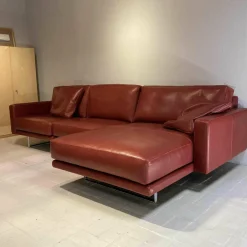 Ecksofa Leder Rot 1/96 Füße Chrom mit 2 Armlehnkissen