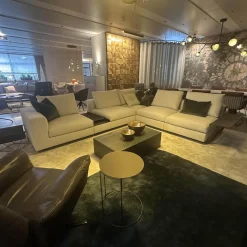 Ecksofa Living Landscape Stoff Garbo 7737 Pearl 25 Beige Sockel Buche Schwarz Lackiert