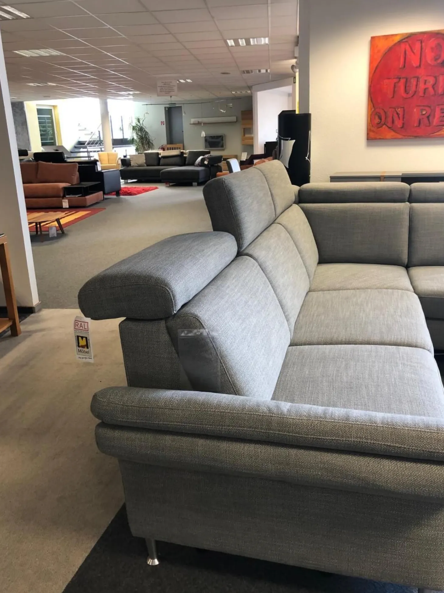 Ecksofa Modell 1073 Stoff Picasso Stone Metallfüße Aluminium Rund Glänzend mit Verstellfunktionen