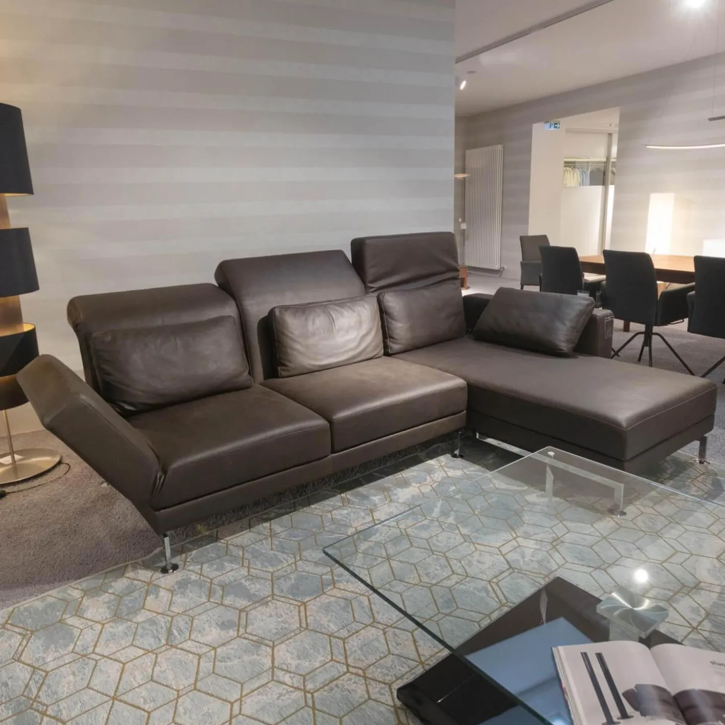 Ecksofa Moule Leder Taron 5668 0022 Braun Kufen Chrom Verstellbar