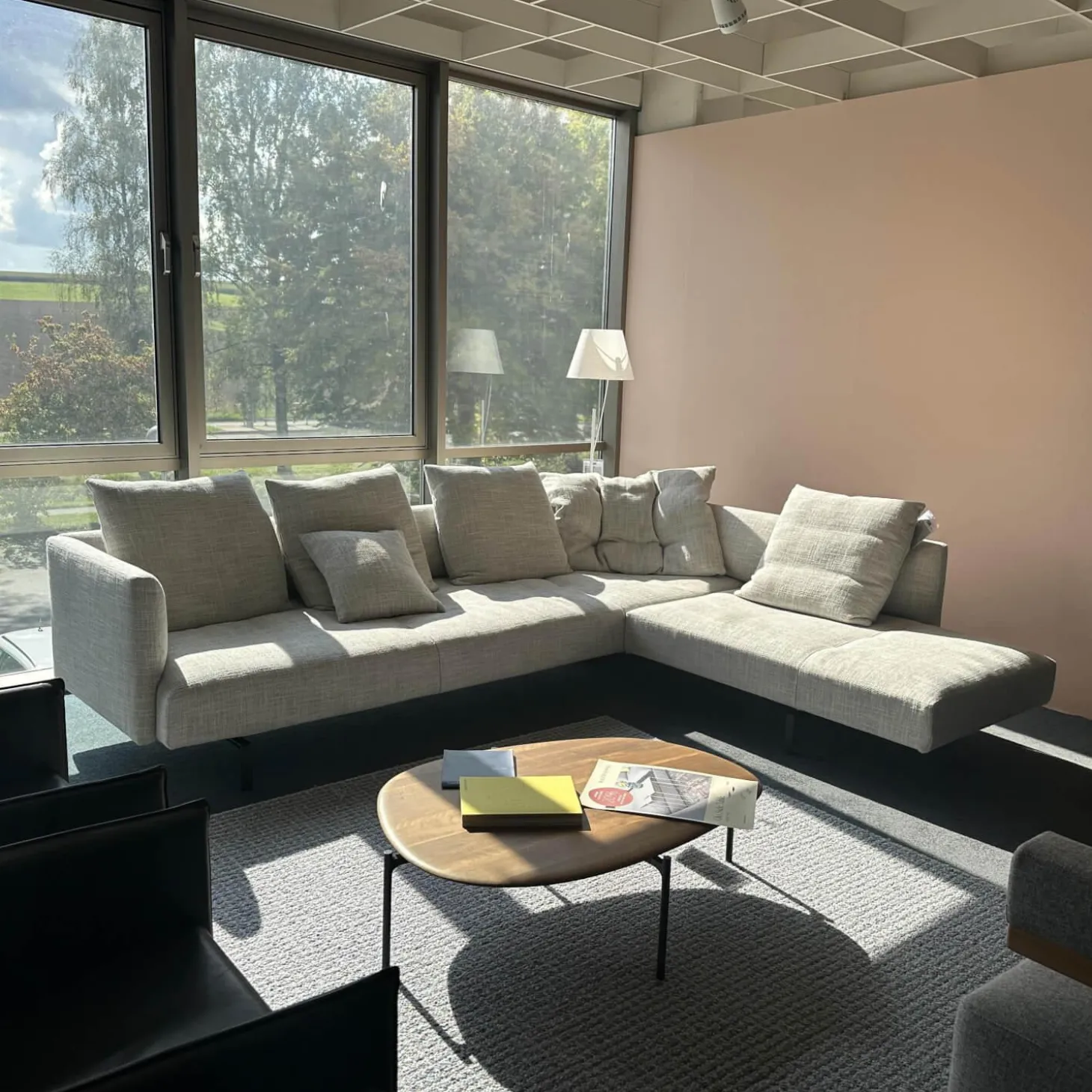 Ecksofa Muud Stoff Weave 7757 Pearl Gestell Schwarz Nackenrolle Leder Paco Black Schwarz