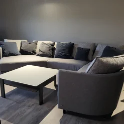 Ecksofa Wohnlandschaft Onda Bezug Stoff 05.464 Eisengrau Füße Massivholz Eiche Schwarz Gebeizt Inklusive Kissen