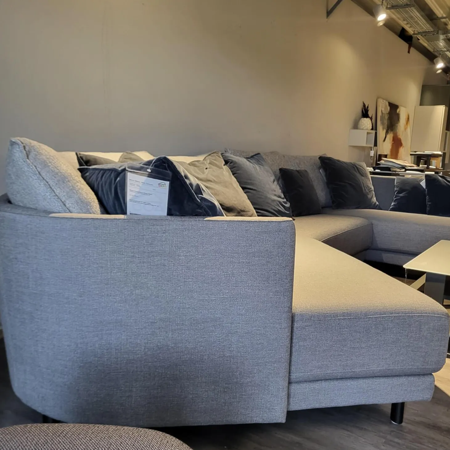 Ecksofa Wohnlandschaft Onda Bezug Stoff 05.464 Eisengrau Füße Massivholz Eiche Schwarz Gebeizt Inklusive Kissen