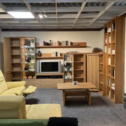 Eck-Wohnwand FINO Kernbuche Furniert Mit Glaselementen Und Spiegelrückwänden