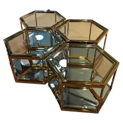 4er Ensemble Couchtisch Sax Platte Klarglas Metallrahmen Mit Gold-Finish