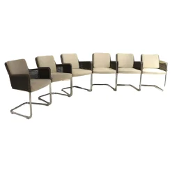 6-er Set Armlehnstuhl D43 Polstersitz Geflechtschale Taupe Grau Gestell Stahlrohr Verchromt Tube Aplati