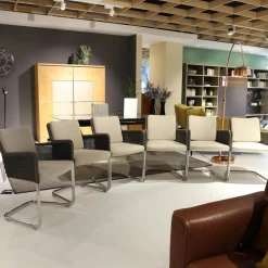 6-er Set Armlehnstuhl D43 Polstersitz Geflechtschale Taupe Grau Gestell Stahlrohr Verchromt Tube Aplati