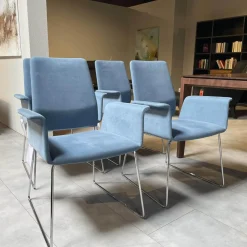 4er Set Armlehnstuhl Fino 202 Bezg Stoff 7186 Sky Drahtgestell Verchromt