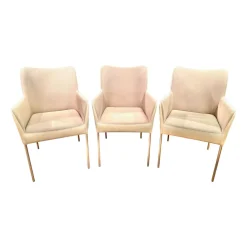 3er Set Armlehnstuhl Spargo Innen Stoff Oyster Creme Außen Echtleder Ivory Creme Füße Edelstahl