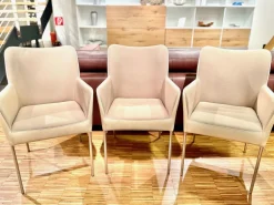 3er Set Armlehnstuhl Spargo Innen Stoff Oyster Creme Außen Echtleder Ivory Creme Füße Edelstahl