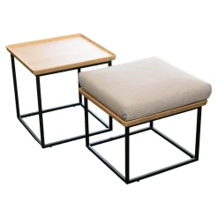 2-er Set Couchtisch Tischplatte Massiv Eiche Farblos Lackiert Gestell Stahl Lack Matt Verkehrsschwarz RAL 9017 ohne Kissen