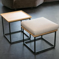 2-er Set Couchtisch Tischplatte Massiv Eiche Farblos Lackiert Gestell Stahl Lack Matt Verkehrsschwarz RAL 9017 ohne Kissen