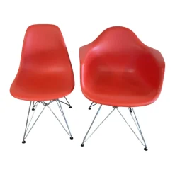 2er Set Eames Plastic Sidechair Und Armchair Sitzschale Kunststoff Oxidrot Rot Gestell Metall Verchromt