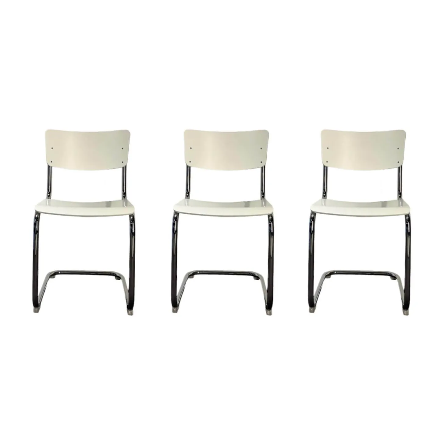 3-er Set Freischwinger Stuhl S43 Decklackiert 9010 Weiss Stahlgestell Verchromt Inklusive Filzgleitern