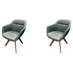 2er Set Stuhl Cara Leder Normandie Grün Holzgestell Massiv Nussbaum Geölt