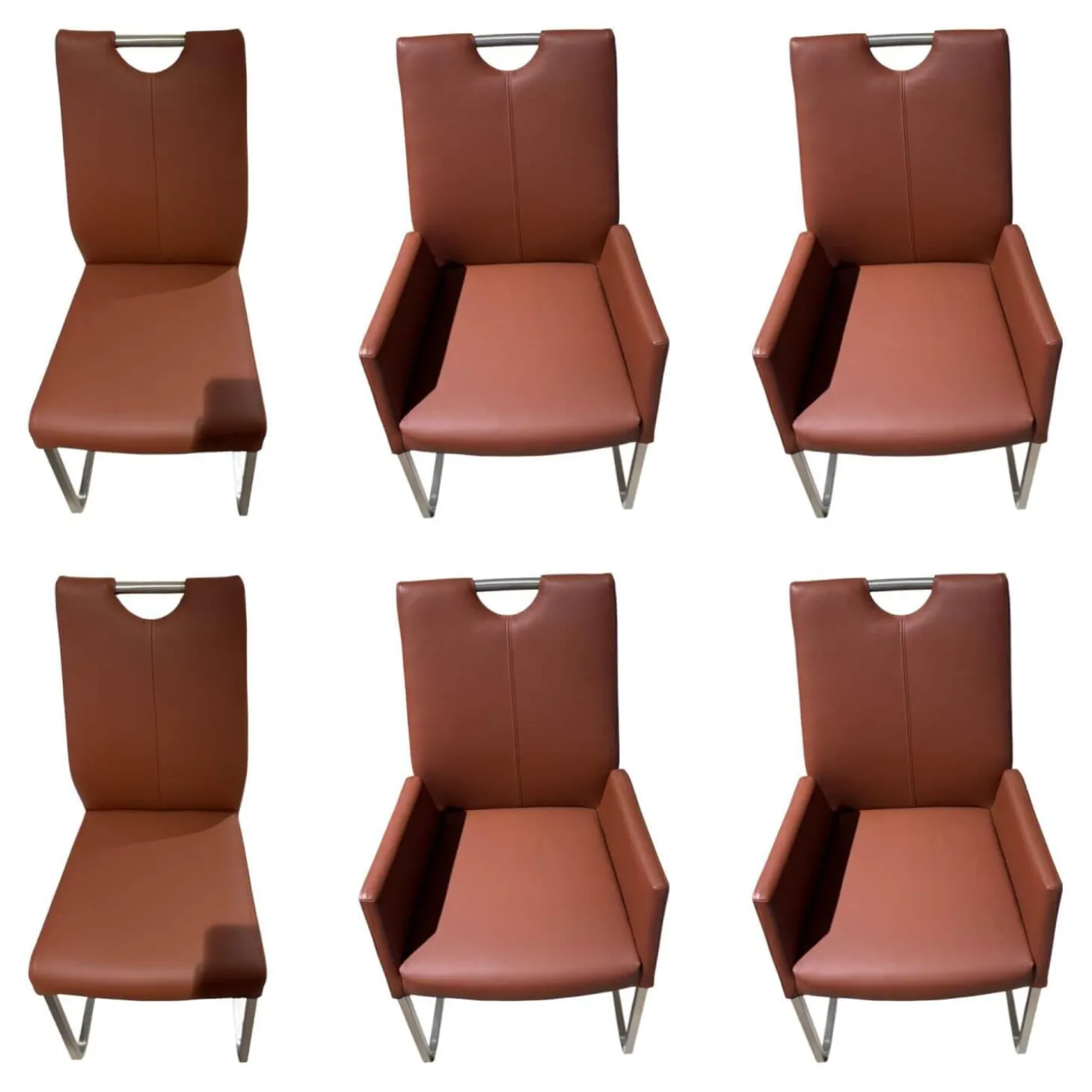 6er Set Stuhl Emma Leder Toledo II Terra Braun Gestell Edelstahl Quadratisch