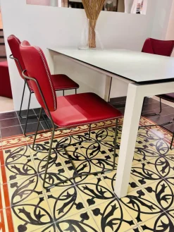 4er Set Stuhl Gubio Echtleder Azalee Rot Schlittengestell Umbragrau Grau Ziernaht Kreuzstich Naturell Weiß