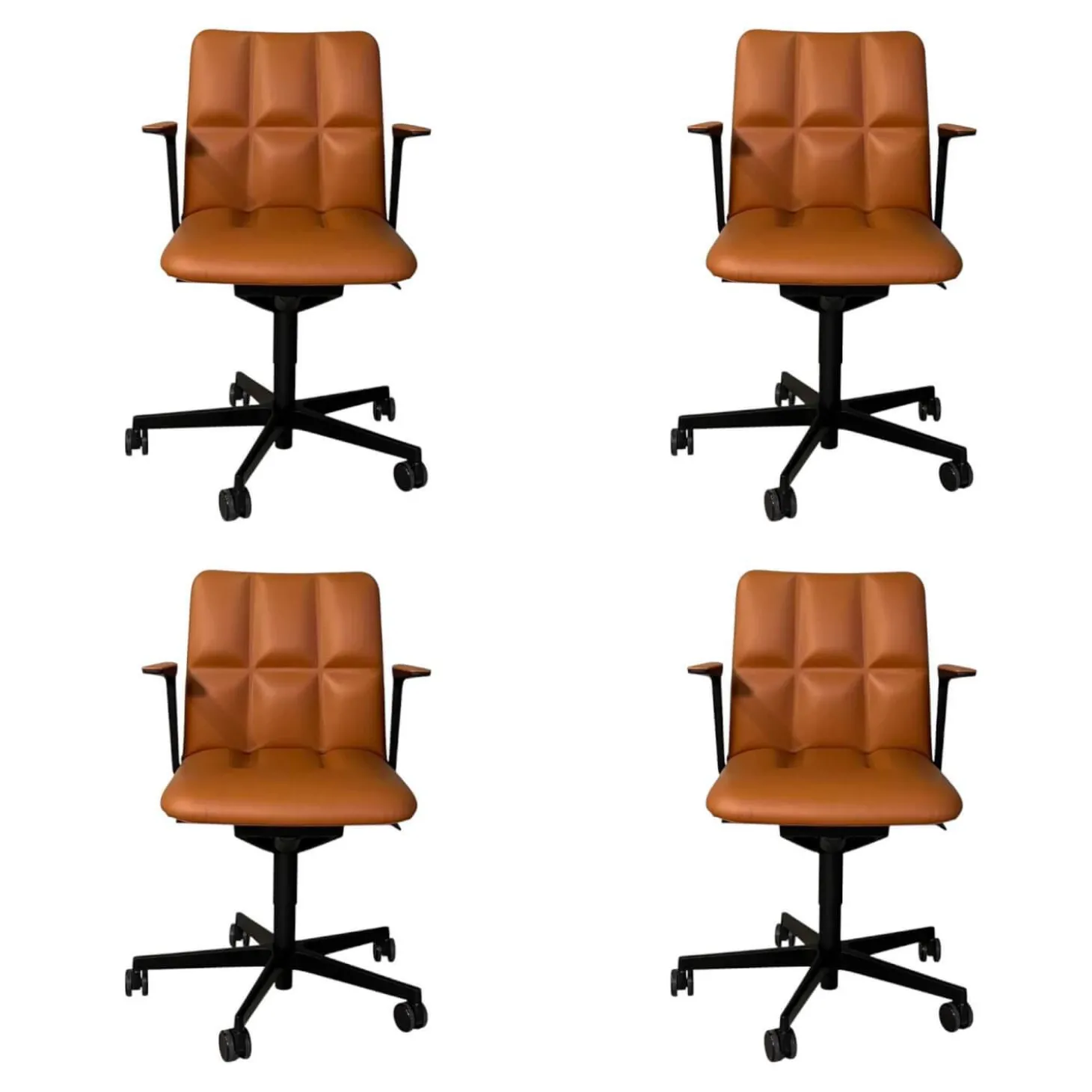 4er Set Stuhl Leadchair Management Leder Napoli Cognac Braun Gestell Schwarz Matt Pulverbeschichtet Füße Rollen Schwarz