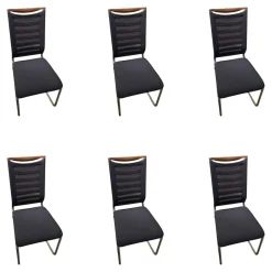 6er Set Stuhl Lilli Stoff Tritex Titan Blau Kopfstück Nussbaum Gölt Gestell Edelstahloptik Poliert