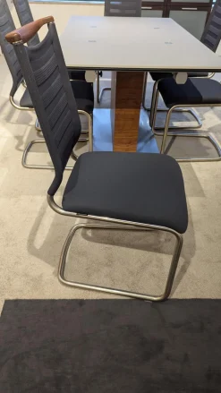 6er Set Stuhl Lilli Stoff Tritex Titan Blau Kopfstück Nussbaum Gölt Gestell Edelstahloptik Poliert