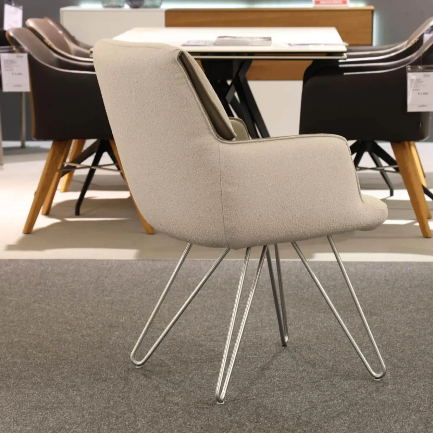 4er Set Stuhl S 1217 Stoff Grace 23 Grau Leder B Bonito Marmo Braun Gestell Nickel Satiniert