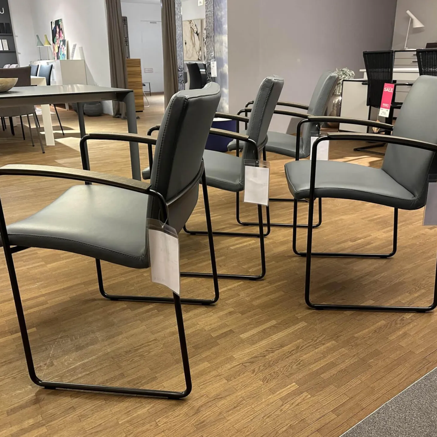 4er Set Stuhl Talos Bezug Leder Ceras 3190 Dew Blau Armlehne Eiche M4500 Pine Grey Grau Matt Gestell Epoxy E2200 Nuit Schwarz