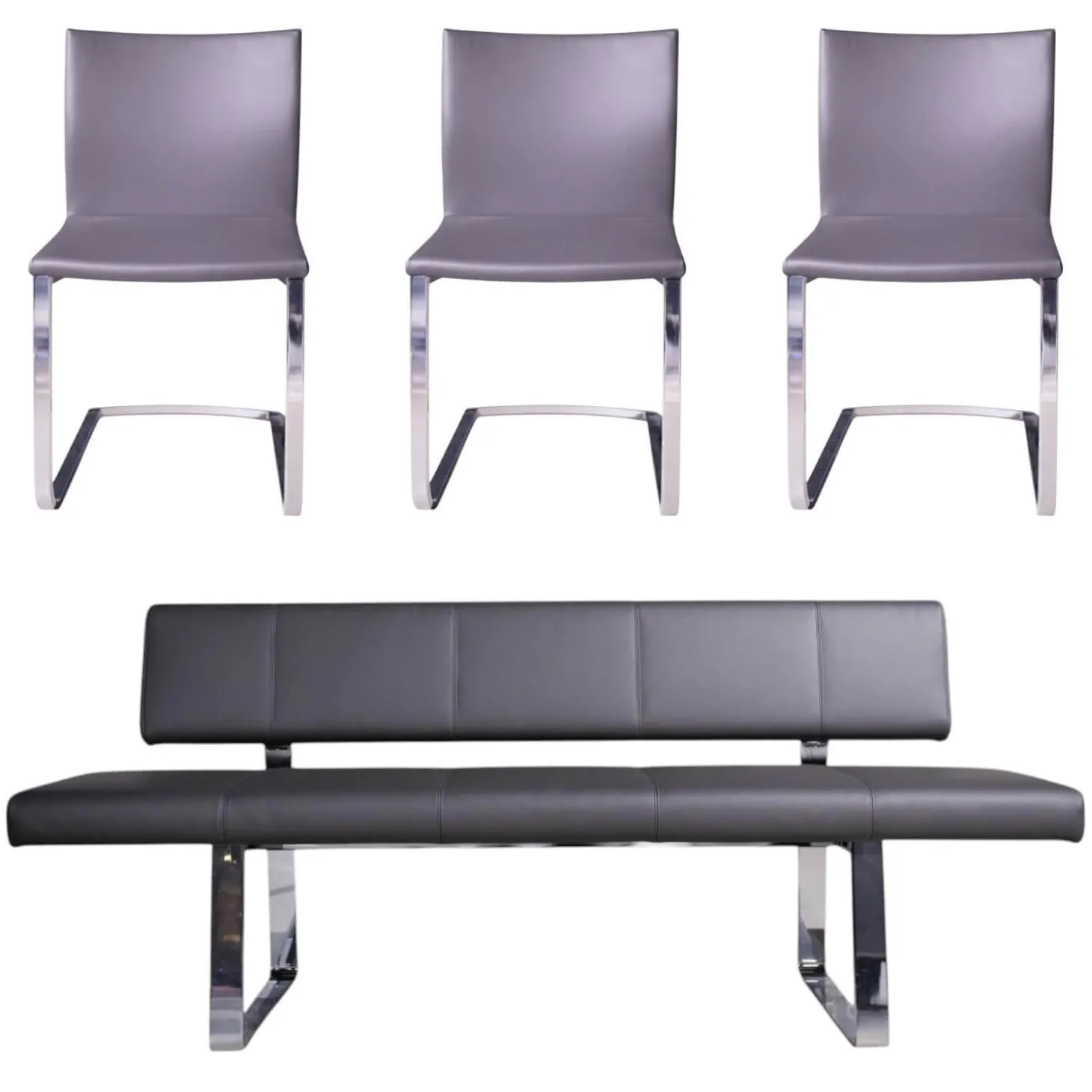 3er Set Stuhl Und Essbank Mirado Leder 1024 Anthrazit Gestell Flachstahl Verchromt