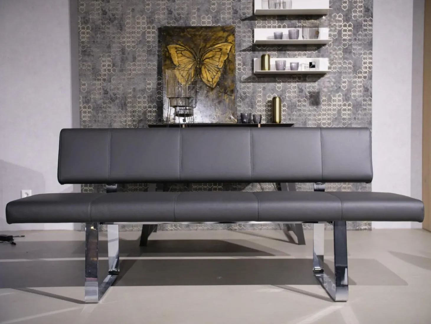 3er Set Stuhl Und Essbank Mirado Leder 1024 Anthrazit Gestell Flachstahl Verchromt