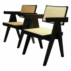 2er-Ser Stuhl Office Chair 051 Spanisches Rohrgeflecht Gestell Massivholz Eiche Schwarz
