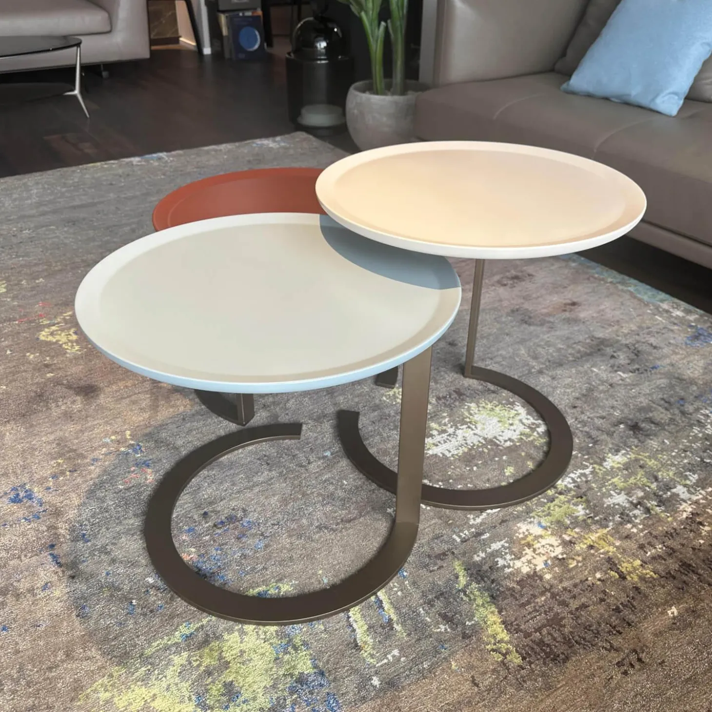 3er-Set Beistelltisch Trio Platte Lack High Hell Beige Medium Ocean Grau Low Maroon Braun Rot Metallgestell Bronze Look Schwarz