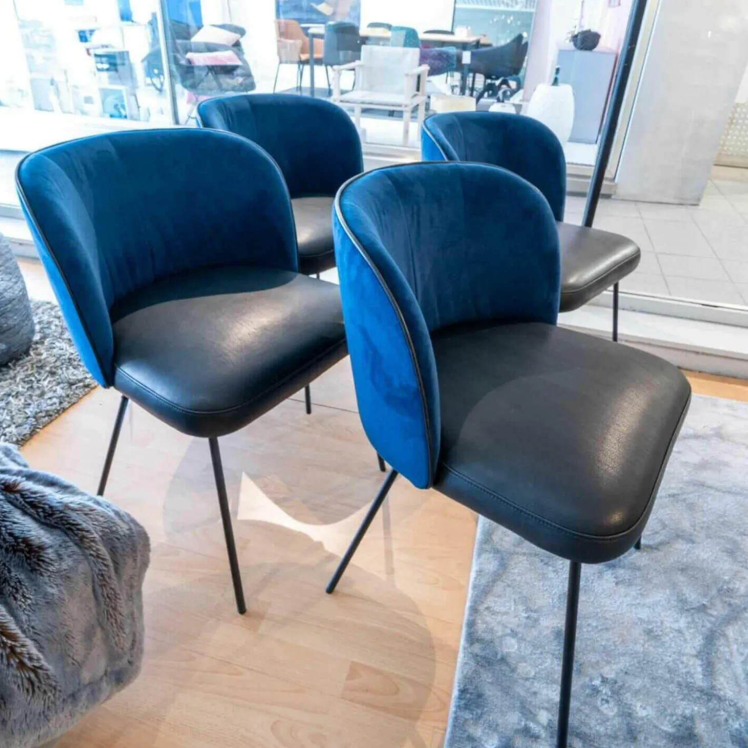 4er-Set Stühle Gaia Leder Loft Vulcano 270 Stoff Seven Navy Blau