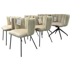 6er-Set Stühle Gaia Lehne Stoff Lisboa Weiß Sitzfläche Leder Grau Creme Rundrohr Schwarz