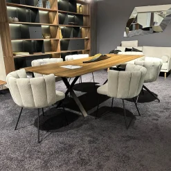 6er-Set Stühle Gaia Lehne Stoff Lisboa Weiß Sitzfläche Leder Grau Creme Rundrohr Schwarz