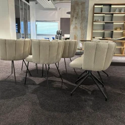 6er-Set Stühle Gaia Lehne Stoff Lisboa Weiß Sitzfläche Leder Grau Creme Rundrohr Schwarz