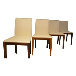 4er-Set Stühle Sando 2 Leder Altweiß Gestell Nussbaum Natur Geölt