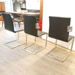 3er-Set Stuhl Lynn Bezug Leder Donna Schwarz Gestell Edelstahl Gebürstet