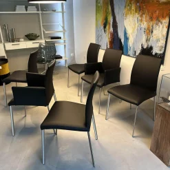 6er-Set Stuhl Oscar Leder Nature Smog Toledo Nero Schwarz Ovalruhr Fuß Edelstahl Matt