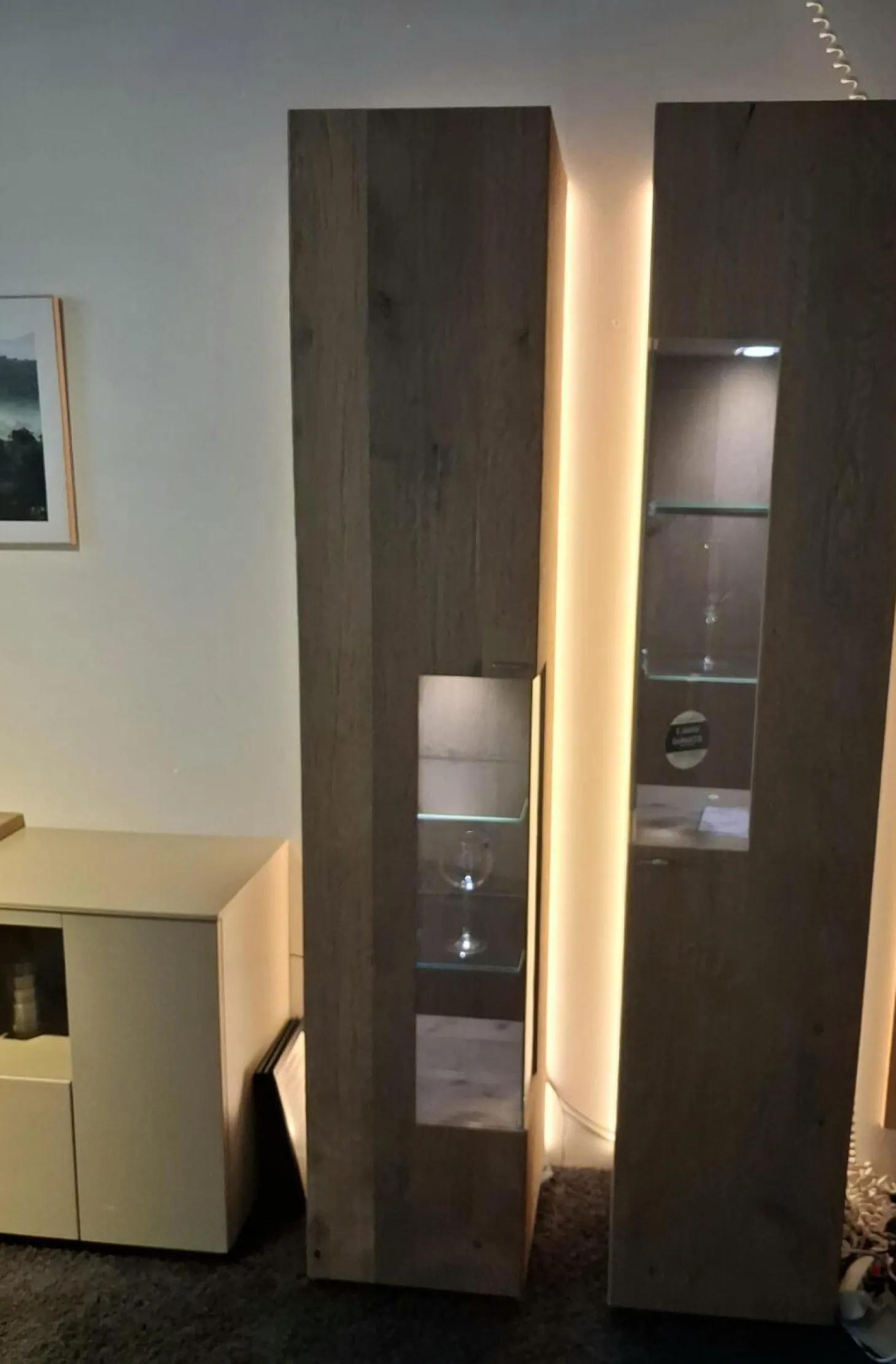 2er-Set Vitrine Cosmo Eiche Rustico Stone Braun Grau Inklusive LED Beleuchtung