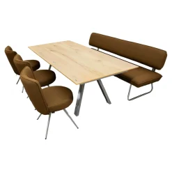 Essgruppe Tisch ET159 Platte Furniert Eiche Rustico Hell Geölt Gestell Edelstahloptik Mit 3 Drehstühlen Und Solitärbank