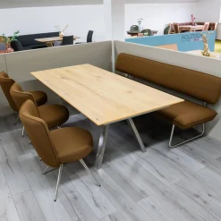 Essgruppe Tisch ET159 Platte Furniert Eiche Rustico Hell Geölt Gestell Edelstahloptik Mit 3 Drehstühlen Und Solitärbank