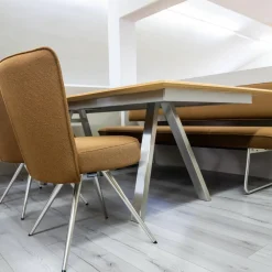 Essgruppe Tisch ET159 Platte Furniert Eiche Rustico Hell Geölt Gestell Edelstahloptik Mit 3 Drehstühlen Und Solitärbank