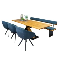 Essgruppe Z34 Säulentisch Rustikale Asteiche Hartwachsöll Natur Äste Säulengestelll Holz Metal RAL7021 Schwarzgrau Mit Einzelbank Und 3 Schalenstühlen Ohne Deko