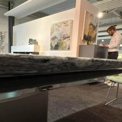 Esstisch 1224 Adler II Stein Bootsförmig PG 2 Grigio Beola Sockel Edelstahl Oval Tischplatte Ausziehbar