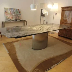 Esstisch Adler 1224 Platte Granit Silver Wave Bootsförmig Poliert Ovalsockel Edelstahl Matt Geschliffen