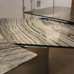 Esstisch Adler 1224 Platte Granit Silver Wave Bootsförmig Poliert Ovalsockel Edelstahl Matt Geschliffen